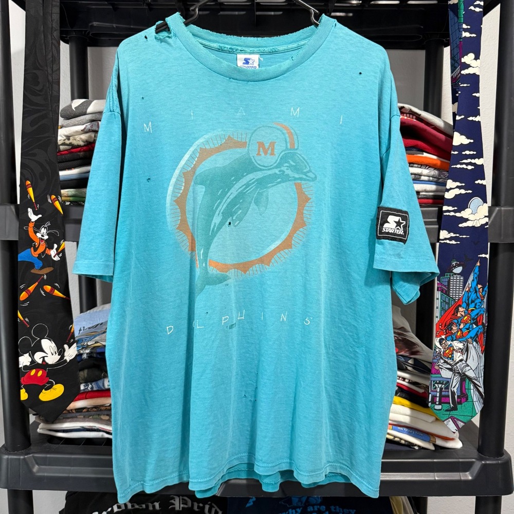 Vintage Teal Miami Dolphins Starter T-Shirt XL Thrashing Throughout